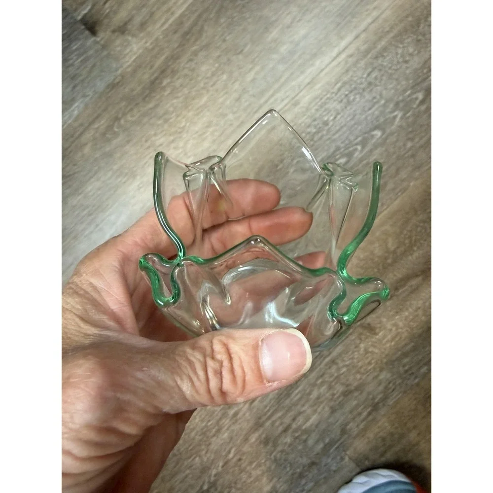 Green Rim Hand Blown Art Glass Tulip Fold Small Vase Votive Candle Holder Decor